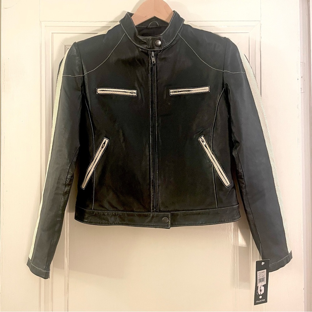 G Collection Black Leather Moto Jacket NWT
